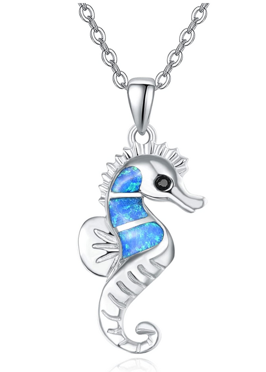 Cute Baby Blue Opal Sea Horse Charm Pendant Diamond Necklace Seahorse Jewelry Birthday Gift 925 Sterling Silver Chain 18in.