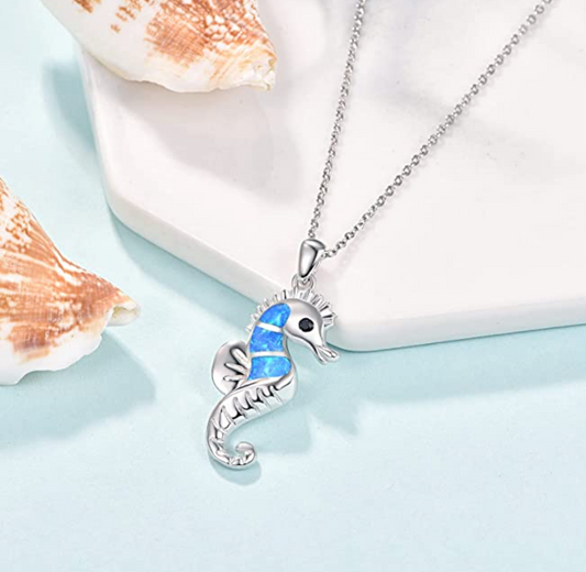 Cute Baby Blue Opal Sea Horse Charm Pendant Diamond Necklace Seahorse Jewelry Birthday Gift 925 Sterling Silver Chain 18in.