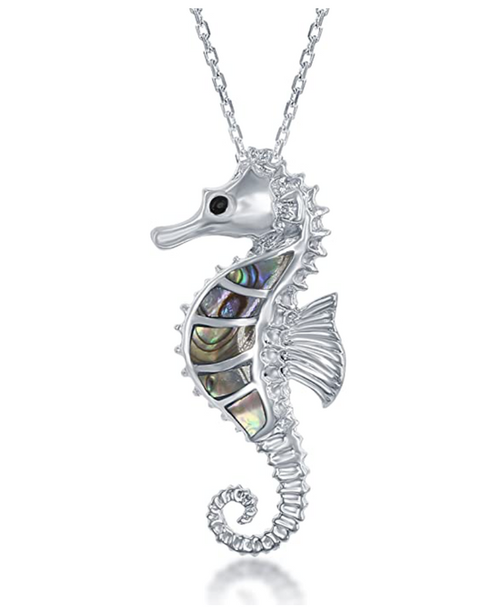 Abalone Shell Sea Horse Charm Pendant Necklace Seahorse Jewelry Birthday Gift 925 Sterling Silver Chain 18in.