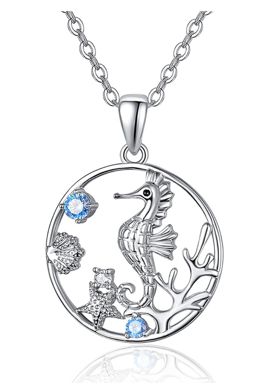 Cute Blue Diamond Sea Horse Medallion Charm Pendant Necklace Seahorse Jewelry Birthday Gift 925 Sterling Silver Chain 18in.