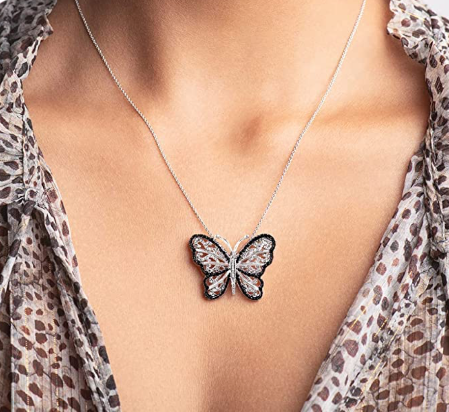 Black Wings Butterfly Pendant Diamond Necklace Butterfly Jewelry Birthday Gift 925 Sterling Silver Chain 18in.