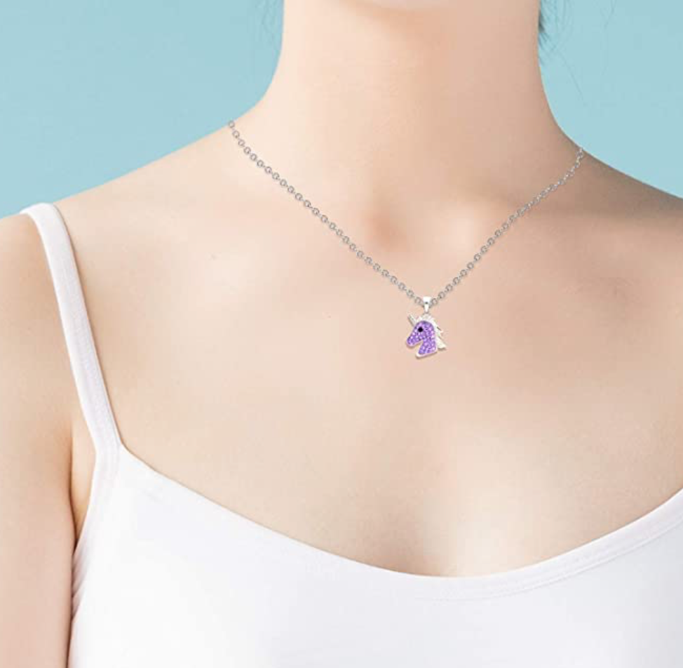 Cute Purple Unicorn Charm Pendant Diamond Necklace Unicorn Jewelry Birthday Gift 925 Sterling Silver Chain 18in.