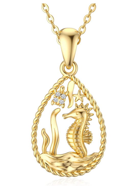 14K Gold Sea Horse Charm Pendant Diamond Necklace Seahorse Jewelry Birthday Gift 925 Sterling Silver Chain 18in.