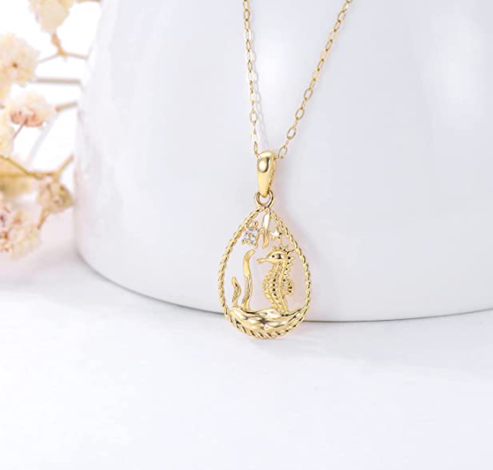 14K Gold Sea Horse Charm Pendant Diamond Necklace Seahorse Jewelry Birthday Gift 925 Sterling Silver Chain 18in.