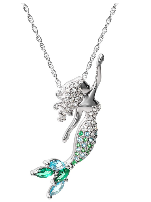 Cute Blue Green Mermaid Crescent Moon Mermaid Pendant Mermaid Phoenix Jewelry Birthday Gift Set 925 Sterling Silver Chain 18in.
