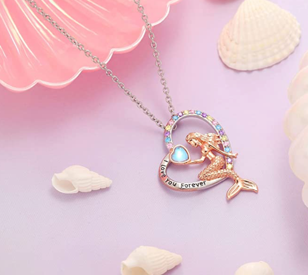 Cute Mermaid Heart Diamond Necklace Love Pendant Mermaid Jewelry Birthday Gift 925 Sterling Silver Chain 20in.