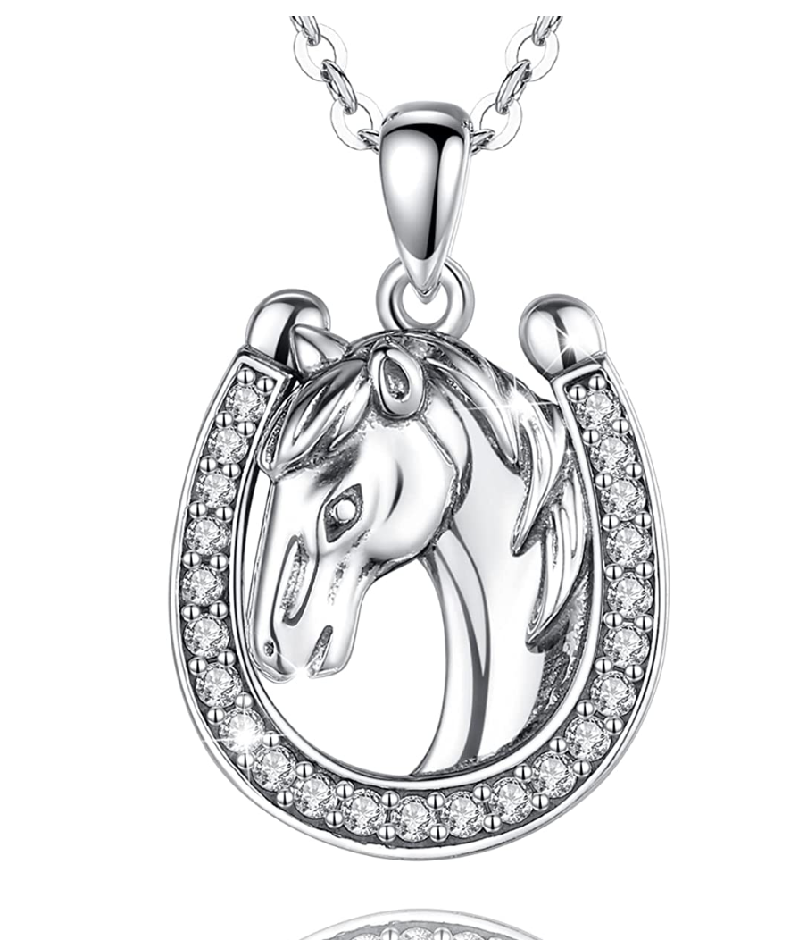 Cute Horse Necklace Diamond Pendant Celtic Horse Love Heart Jewelry Horseshoe Birthday Gift 925 Sterling Silver Chain 18in.