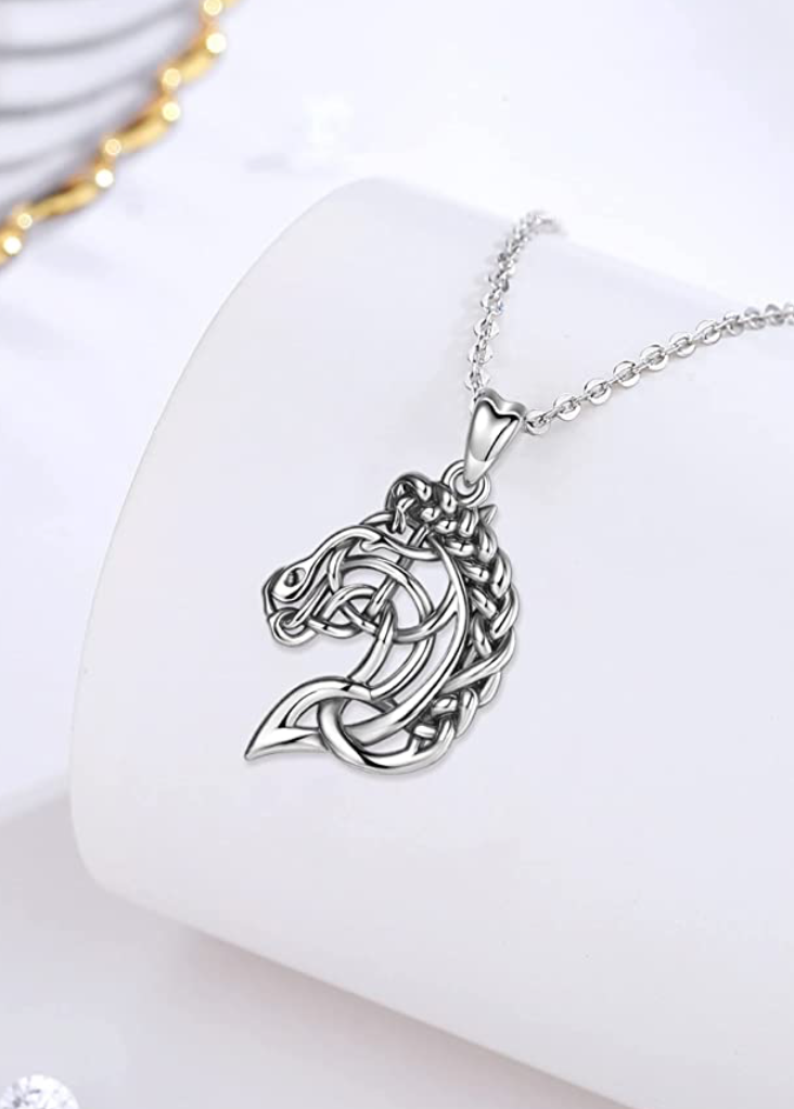 Cute Horse Necklace Diamond Pendant Celtic Horse Love Heart Jewelry Horseshoe Birthday Gift 925 Sterling Silver Chain 18in.