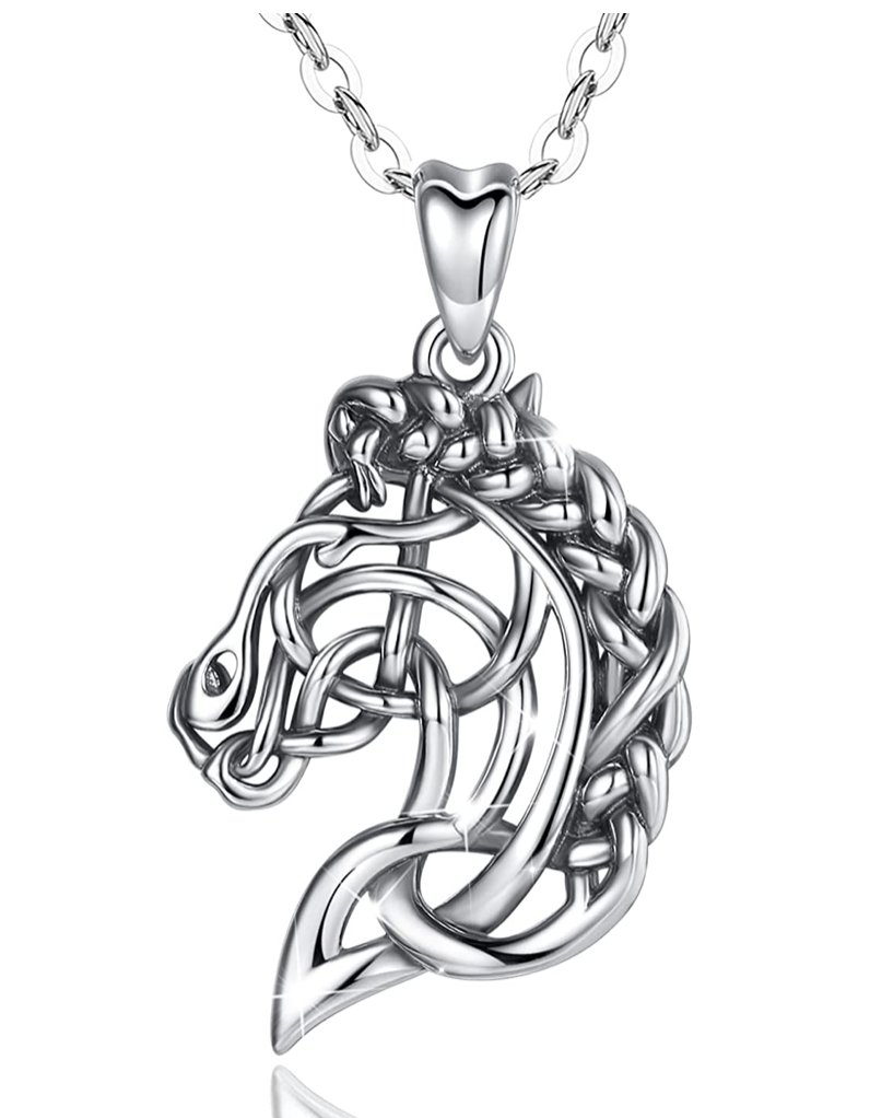 Cute Horse Necklace Diamond Pendant Celtic Horse Love Heart Jewelry Horseshoe Birthday Gift 925 Sterling Silver Chain 18in.