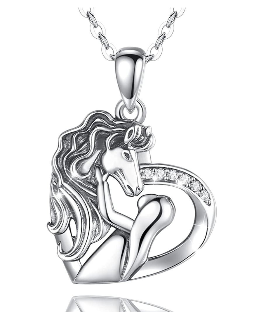 Cute Horse Necklace Diamond Pendant Celtic Horse Love Heart Jewelry Horseshoe Birthday Gift 925 Sterling Silver Chain 18in.