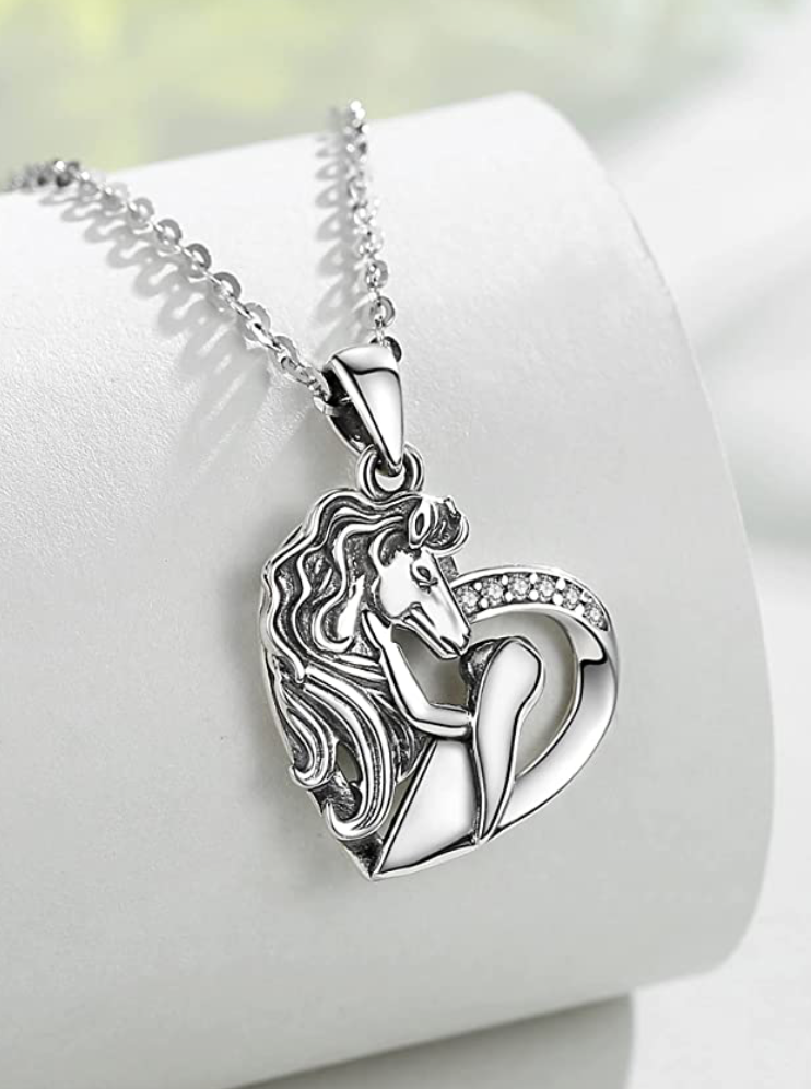 Cute Horse Necklace Diamond Pendant Celtic Horse Love Heart Jewelry Horseshoe Birthday Gift 925 Sterling Silver Chain 18in.