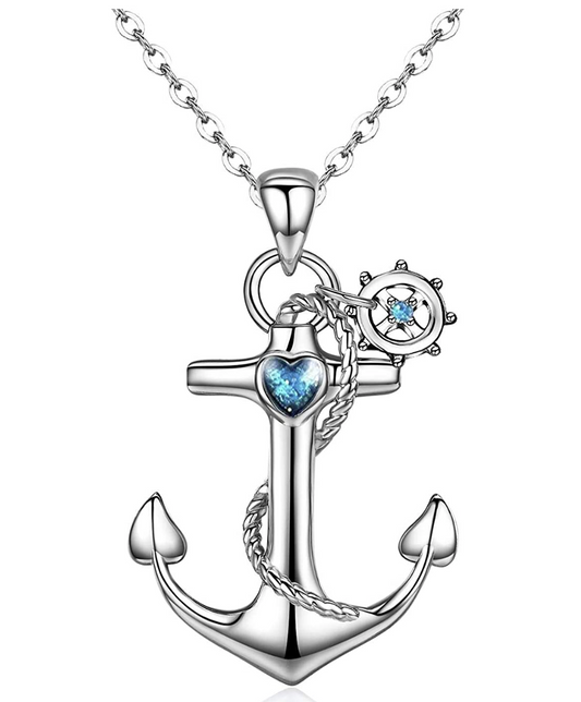 Anchor Necklace Diamond Heart Pendant Anchor Sailor Captain Jewelry Fisherman Birthday Gift 925 Sterling Silver Chain 18in.