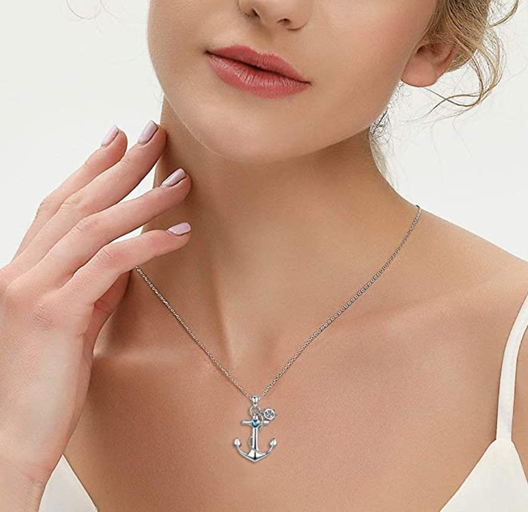 Anchor Necklace Diamond Heart Pendant Anchor Sailor Captain Jewelry Fisherman Birthday Gift 925 Sterling Silver Chain 18in.