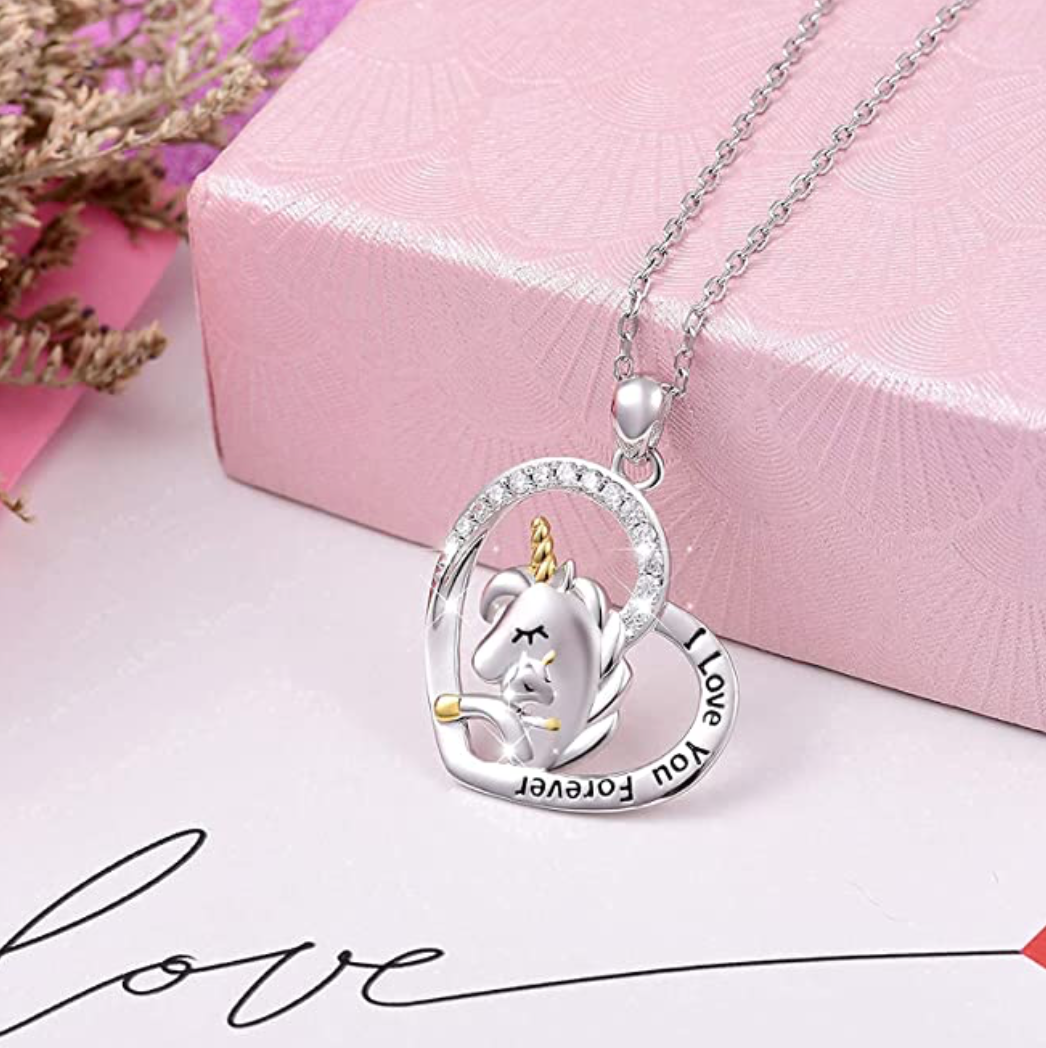 Little Girls Cute Unicorn Necklace Diamond Pendant Baby Unicorn Love Heart Jewelry Birthday Gift 925 Sterling Silver 18in.