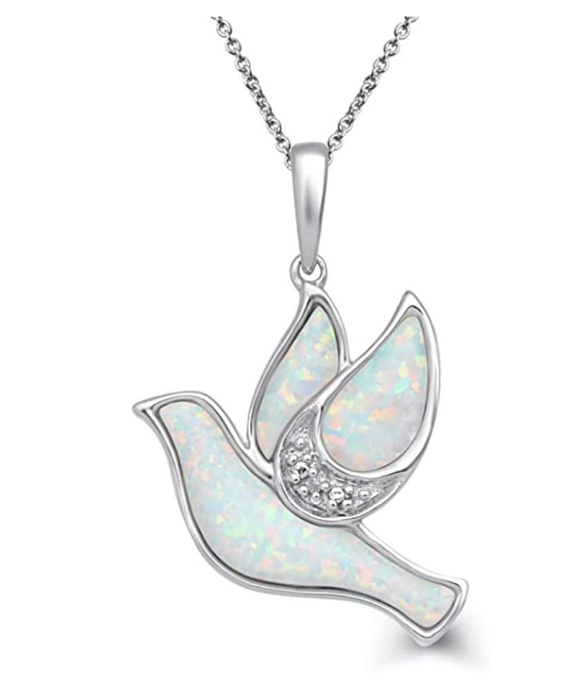 Cute White Opal Dove Necklace Diamond Pendant Holy Dove Jewelry Birthday Gift 925 Sterling Silver 18in.