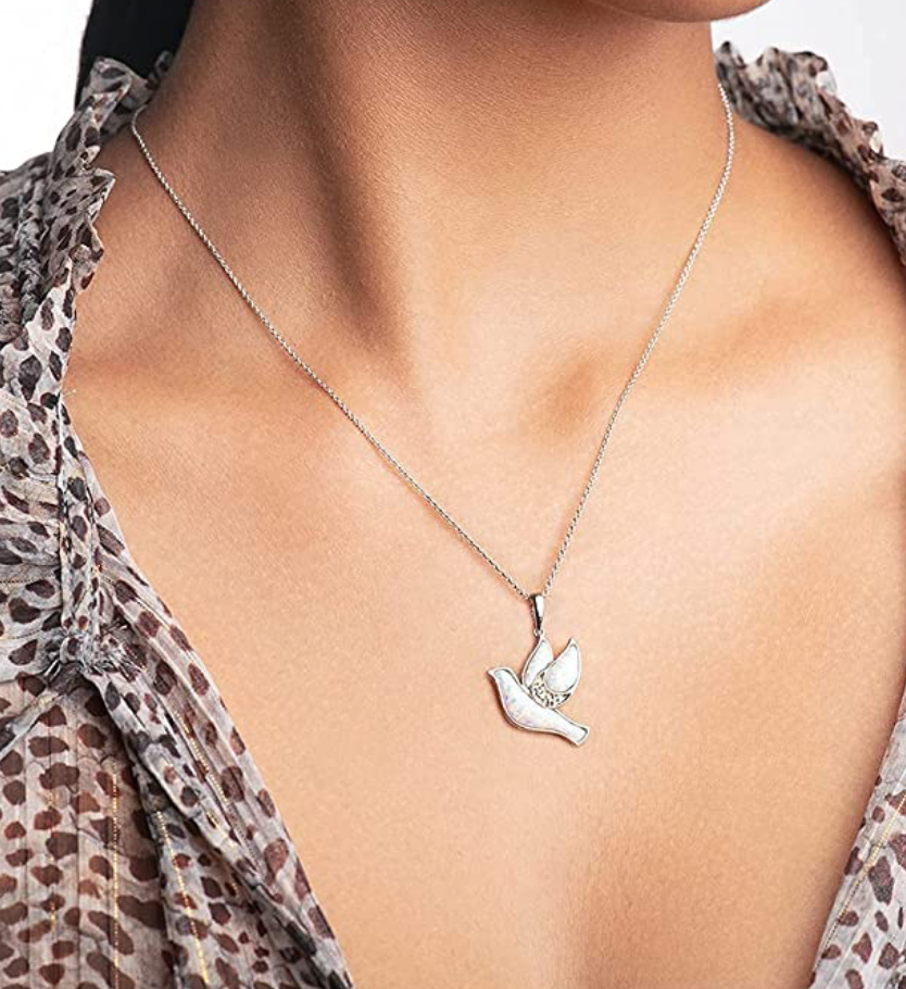 Cute White Opal Dove Necklace Diamond Pendant Holy Dove Jewelry Birthday Gift 925 Sterling Silver 18in.