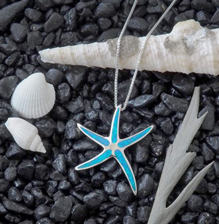 Blue Opal Starfish Charm Diamond Pendant Necklace Star Fish Jewelry Birthday Gift 925 Sterling Silver Chain 18in.