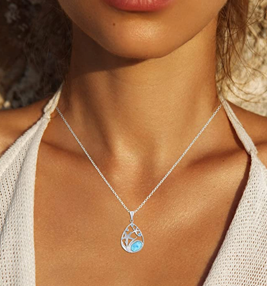 Blue Pear Shaped Caribbean Natural Larimar Gemstone Starfish Charm Diamond Pendant Necklace Star Fish Jewelry Birthday Gift 925 Sterling Silver Chain 18in.