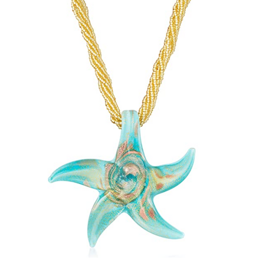Italian Turquoise Murano Glass Starfish Charm Pendant Necklace Star Fish Jewelry Birthday Gift 925 Sterling Silver Chain 18in.