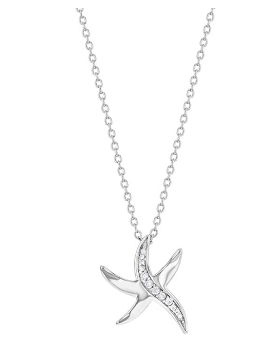 Cute 925 Sterling Silver Diamond Starfish Seashell Necklace Collar Bib Pendant Star Fish Sea Shell Jewelry Birthday Gift 925 Sterling Silver Chain 18in.