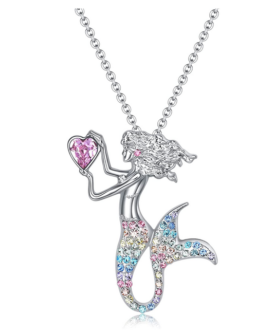 Rainbow Mermaid Heart Necklace Love Diamond Pendant Pink Blue Purple Mermaid Jewelry Birthday Gift 925 Sterling Silver Chain 18in.