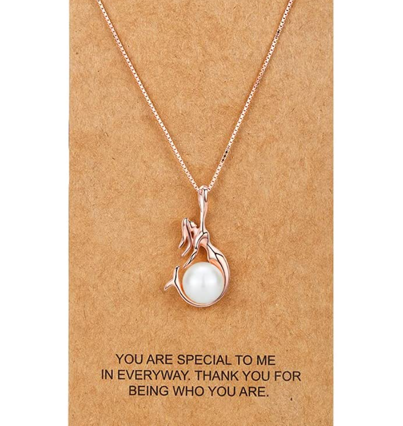 Blue Freshwater-Cultured Pearl Mermaid Heart Necklace Pendant Mermaid Jewelry Birthday Gift 925 Sterling Silver Rose Gold Chain 18n.