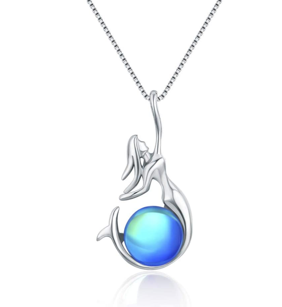 Blue Freshwater-Cultured Pearl Mermaid Heart Necklace Pendant Mermaid Jewelry Birthday Gift 925 Sterling Silver Rose Gold Chain 18n.