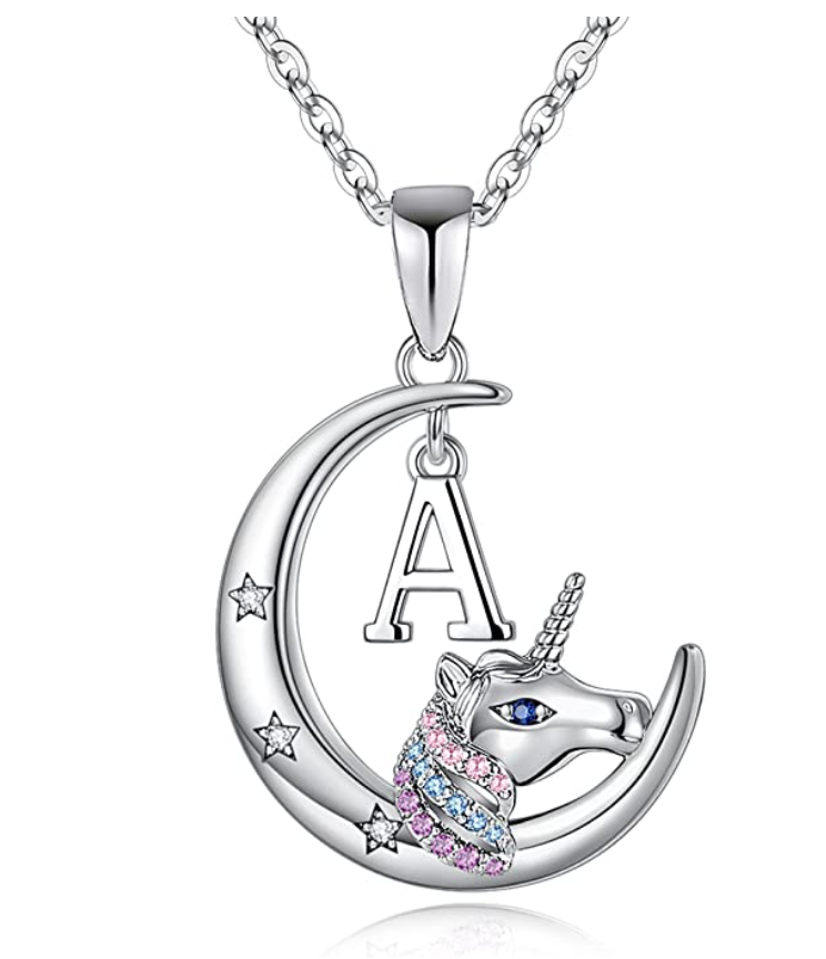 Girls Letter Name Cute Unicorn Diamond Pendant Pink Blue Purple Unicorn Kids Jewelry Birthday Gift 925 Sterling Silver Chain 18in.