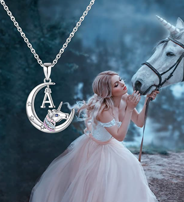 Girls Letter Name Cute Unicorn Diamond Pendant Pink Blue Purple Unicorn Kids Jewelry Birthday Gift 925 Sterling Silver Chain 18in.