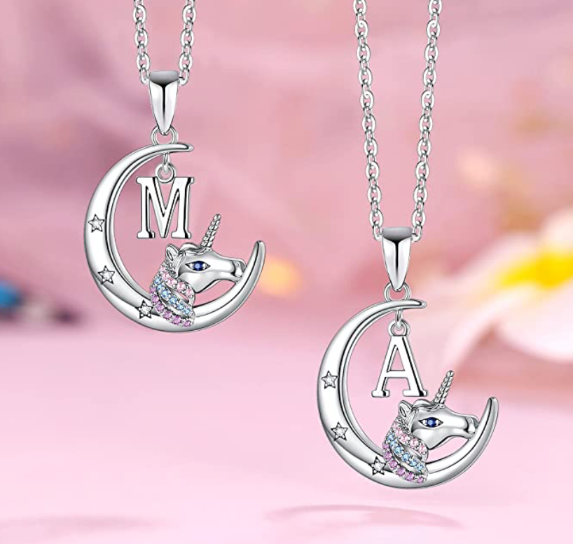 Girls Letter Name Cute Unicorn Diamond Pendant Pink Blue Purple Unicorn Kids Jewelry Birthday Gift 925 Sterling Silver Chain 18in.