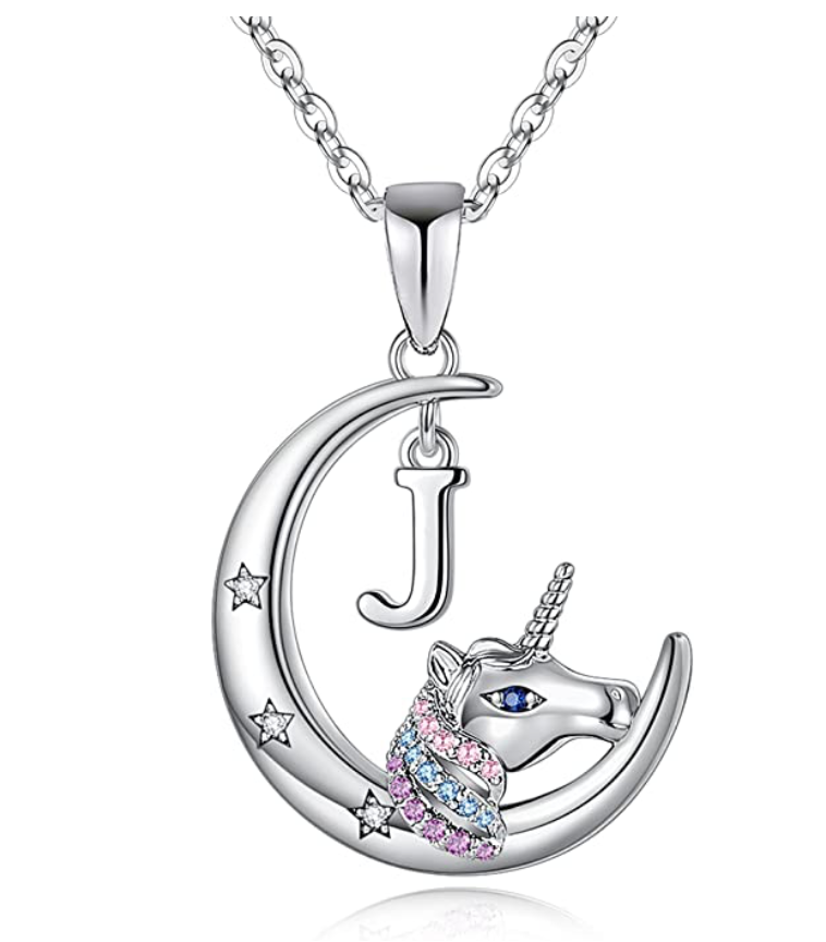 Girls Letter Name Cute Unicorn Diamond Pendant Pink Blue Purple Unicorn Kids Jewelry Birthday Gift 925 Sterling Silver Chain 18in.