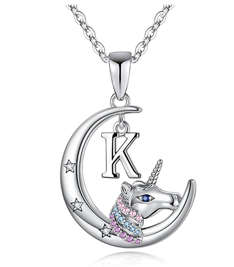 Girls Letter Name Cute Unicorn Diamond Pendant Pink Blue Purple Unicorn Kids Jewelry Birthday Gift 925 Sterling Silver Chain 18in.