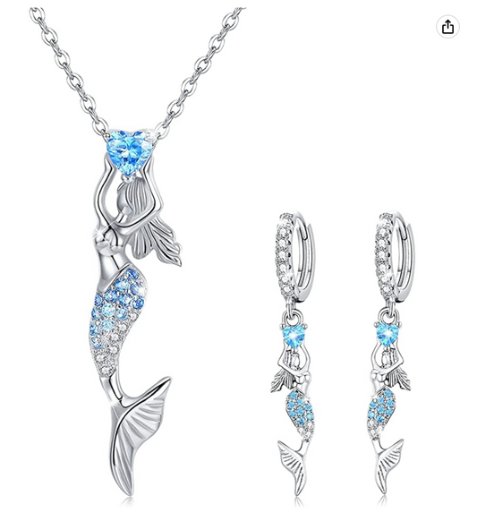 Blue Diamond Heart Mermaid Pendant Mermaid Hoop Earrings Jewelry Birthday Gift Set 925 Sterling Silver Chain 18in.