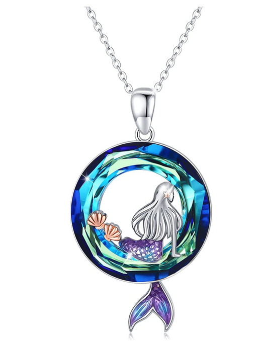 Blue Purple Mermaid Pendant Mermaid Seashell Jewelry Birthday Gift Set 925 Sterling Silver Chain 18in.
