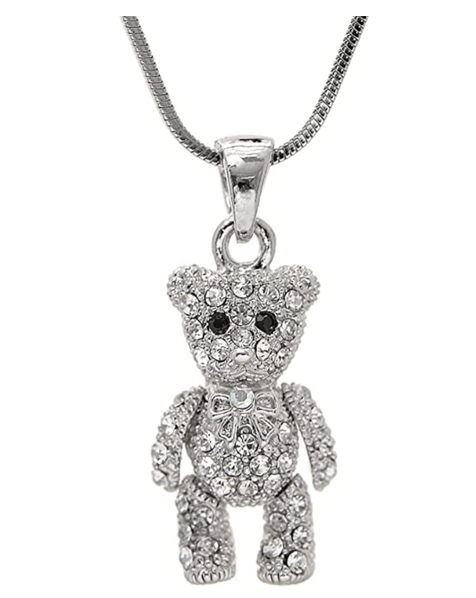 Cute Teddy Bear Necklace Pendant Diamond Teddy Bear Jewelry Gift 925 Sterling Silver Chain 18in.
