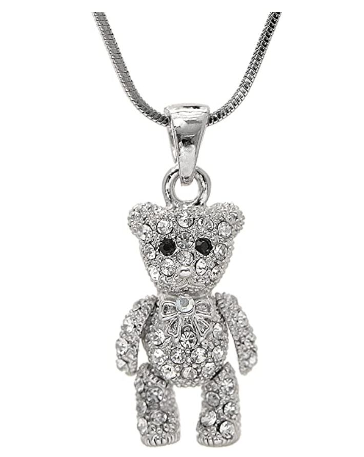 Cute Teddy Bear Necklace Pendant Diamond Teddy Bear Jewelry Gift Silver Chain 18in.