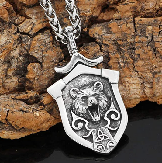 Bear Head Necklace Pendant Celtic Bear Jewelry Norse Viking Hunter Nordic Gift Stainless Steel 24in.