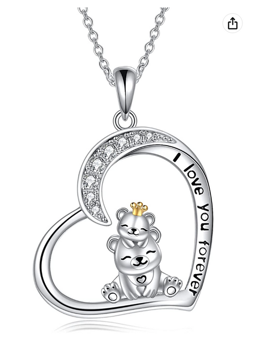 Diamond Heart Bear Family Necklace Pendant Love Bear Jewelry Women Mom Wife Daughter Gift 925 Sterling Silver 18in.