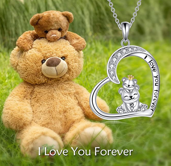 Diamond Heart Bear Family Necklace Pendant Love Bear Jewelry Women Mom Wife Daughter Gift 925 Sterling Silver 18in.
