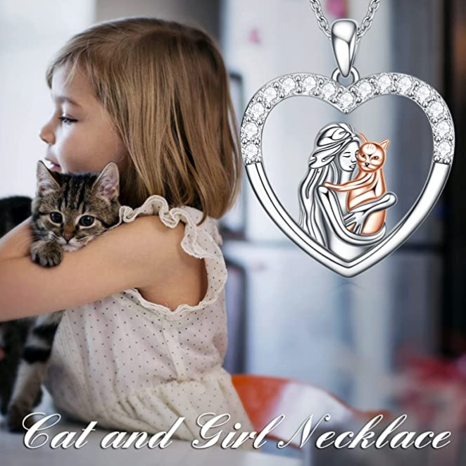 Kitty Cat Hug Family Necklace Heart Diamond Pendant Love Cat Jewelry Women Mom Wife Daughter Girls Gift 925 Sterling Silver Rose Gold 18in.