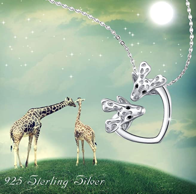Giraffe Head Necklace Pendant Love Giraffe Heart Jewelry Lucky Chain Birthday Gift 925 Sterling Silver 20in.