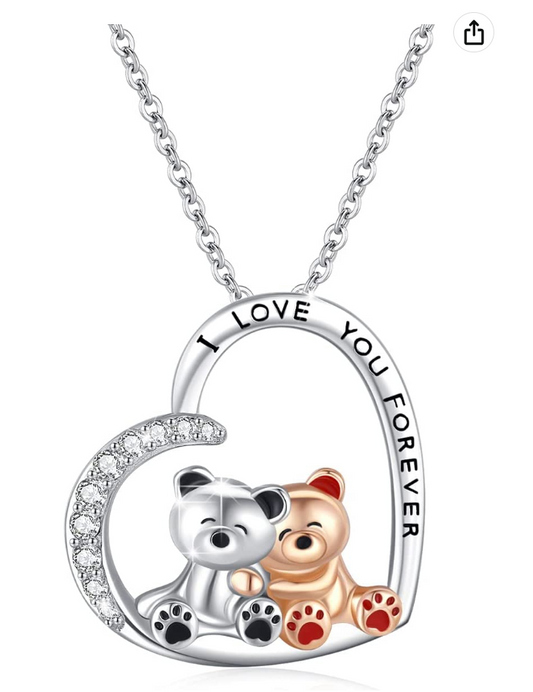 Cute Teddy Bear Hug Necklace Diamond Heart Pendant Love Bear Family Jewelry Women Mom Wife Daughter Girls Gift 925 Sterling Silver Rose Gold 18in.