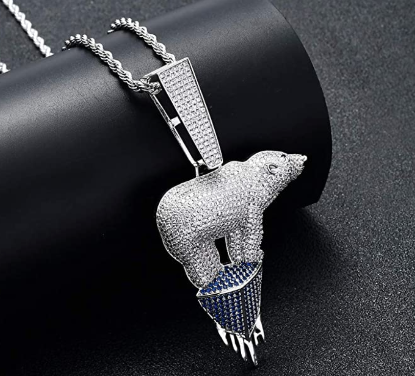 Silver Iced Out Polar Bear Chain Diamond Necklace Pendant Gold Polar Bear Hip Hop Jewelry Gift 24in.