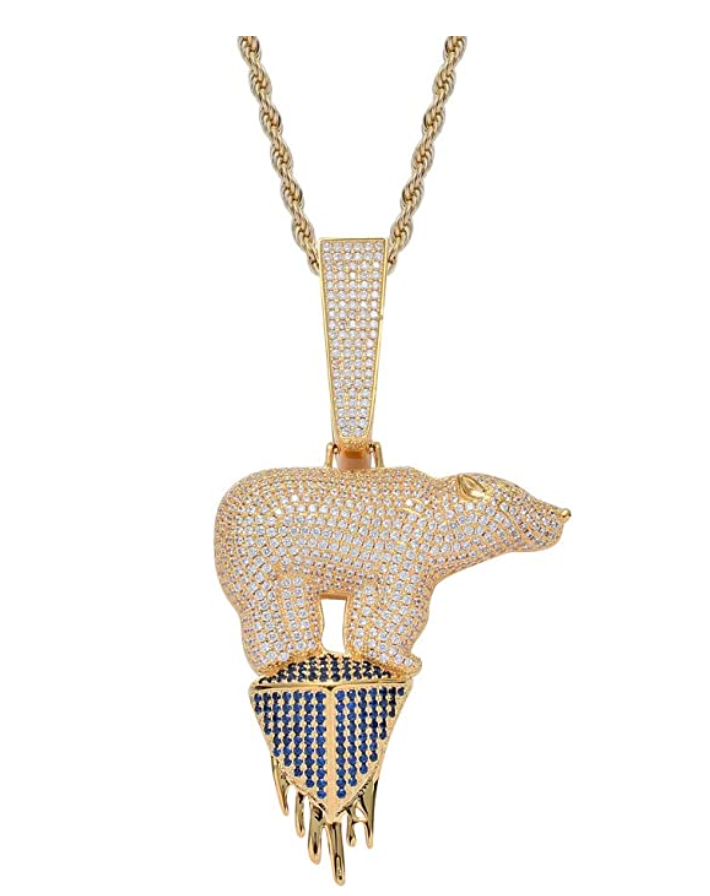 Silver Iced Out Polar Bear Chain Diamond Necklace Pendant Gold Polar Bear Hip Hop Jewelry Gift 24in.