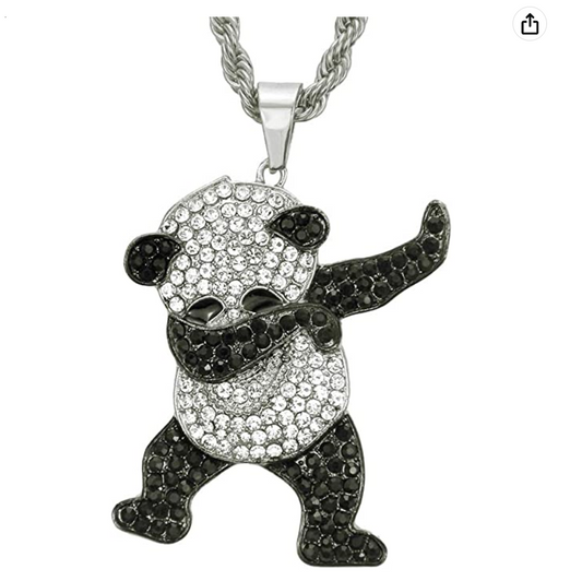 Iced Out Dancing Panda Bear Diamond Necklace Pendant Gold Silver Fortnite Dance Bear Hip Hop Jewelry Gift 30in.