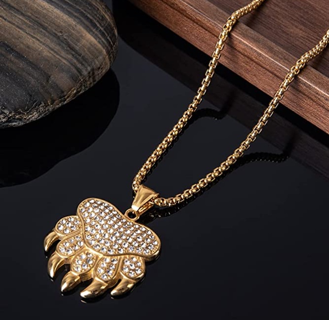 Gold Bear Paw Diamond Necklace Pendant Hip Hop Bear Claw Jewelry Celtic Norse Viking Hunter Nordic Gift Stainless Steel 24in.