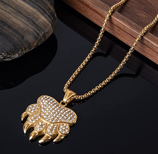 Gold Bear Paw Diamond Necklace Pendant Hip Hop Bear Claw Jewelry Celtic Norse Viking Hunter Nordic Gift Stainless Steel 24in.