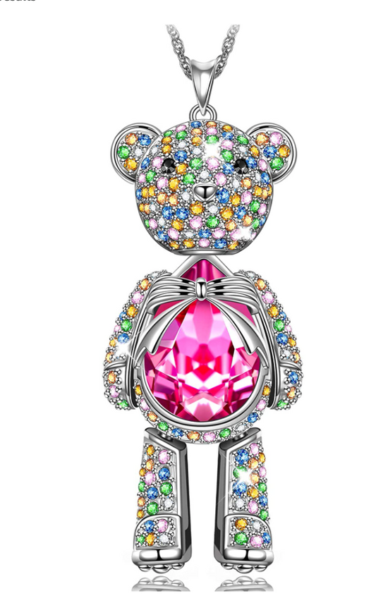 Cute Teddy Bear Necklace Pink Diamond Pendant Princess Bear Jewelry Women Mother Wife Girl Gift 925 Sterling Silver Chain 18in.
