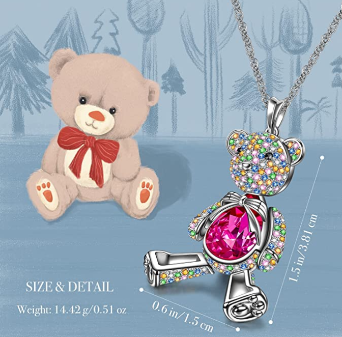 Cute Teddy Bear Necklace Pink Diamond Pendant Princess Bear Jewelry Women Mother Wife Girl Gift 925 Sterling Silver Chain 18in.