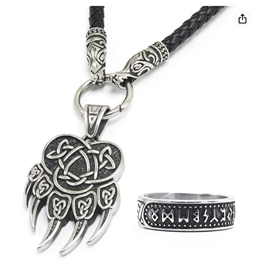 Black Bear Paw Necklace & Ring Set Pendant Celtic Knot Bear Claw Jewelry Norse Viking Hunter Nordic Gift Stainless Steel 24in.